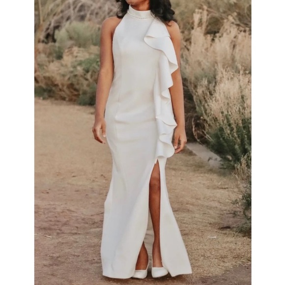 Eliza J Dresses & Skirts - Eliza J Mock Neck Cascading Ruffle Maxi Slit Dress, White - Size 6